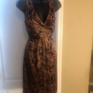 Burnt orange and black satin dress
